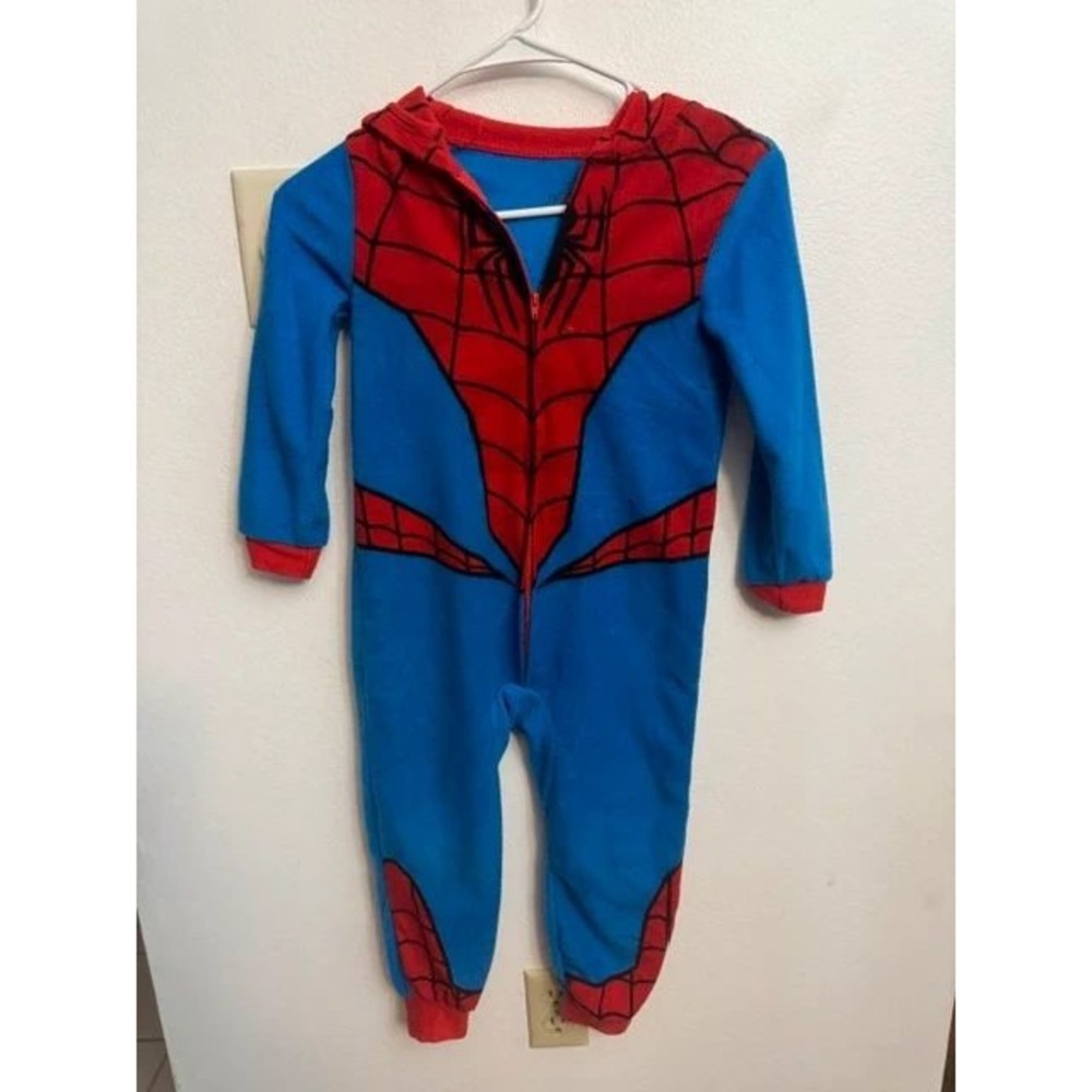 Marvel Spider-Man Kids Hooded Fleece Union Suit Pajamas Blue Red Size 4/5